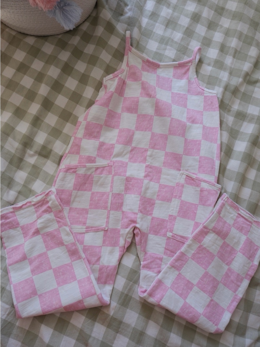 Pink Checkered Cotton Kids One-Piece Romper